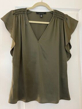 White House Black Market Olive V-Neck Flutter Sleeve Blouse